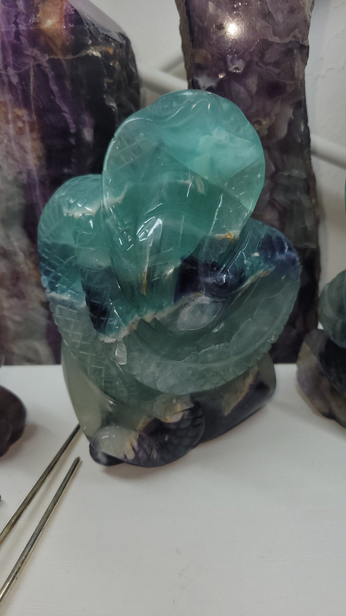 Beautiful fluorite crystal  Cobra snake hand carved