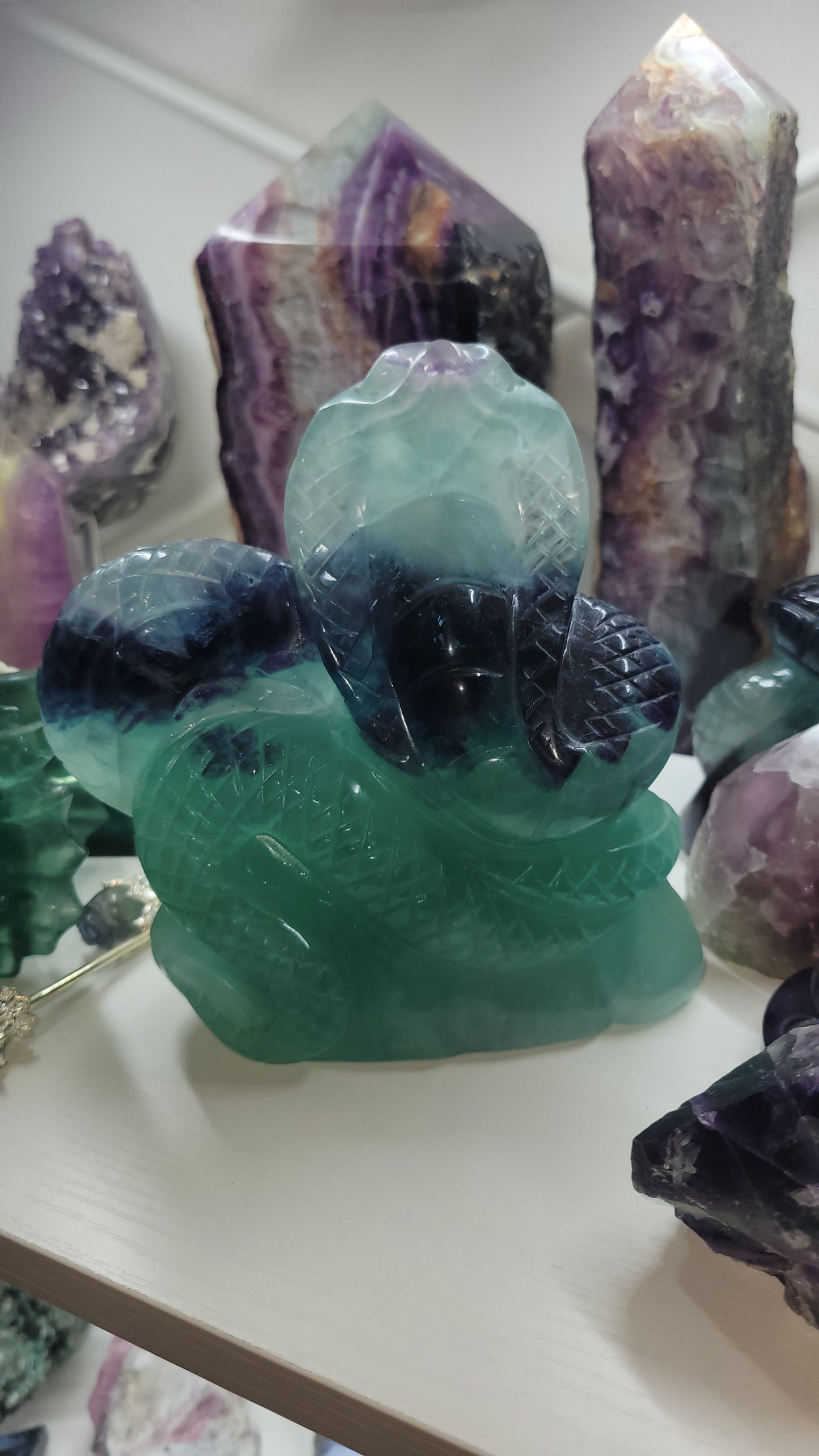 Beautiful fluorite crystal  Cobra snake hand carved