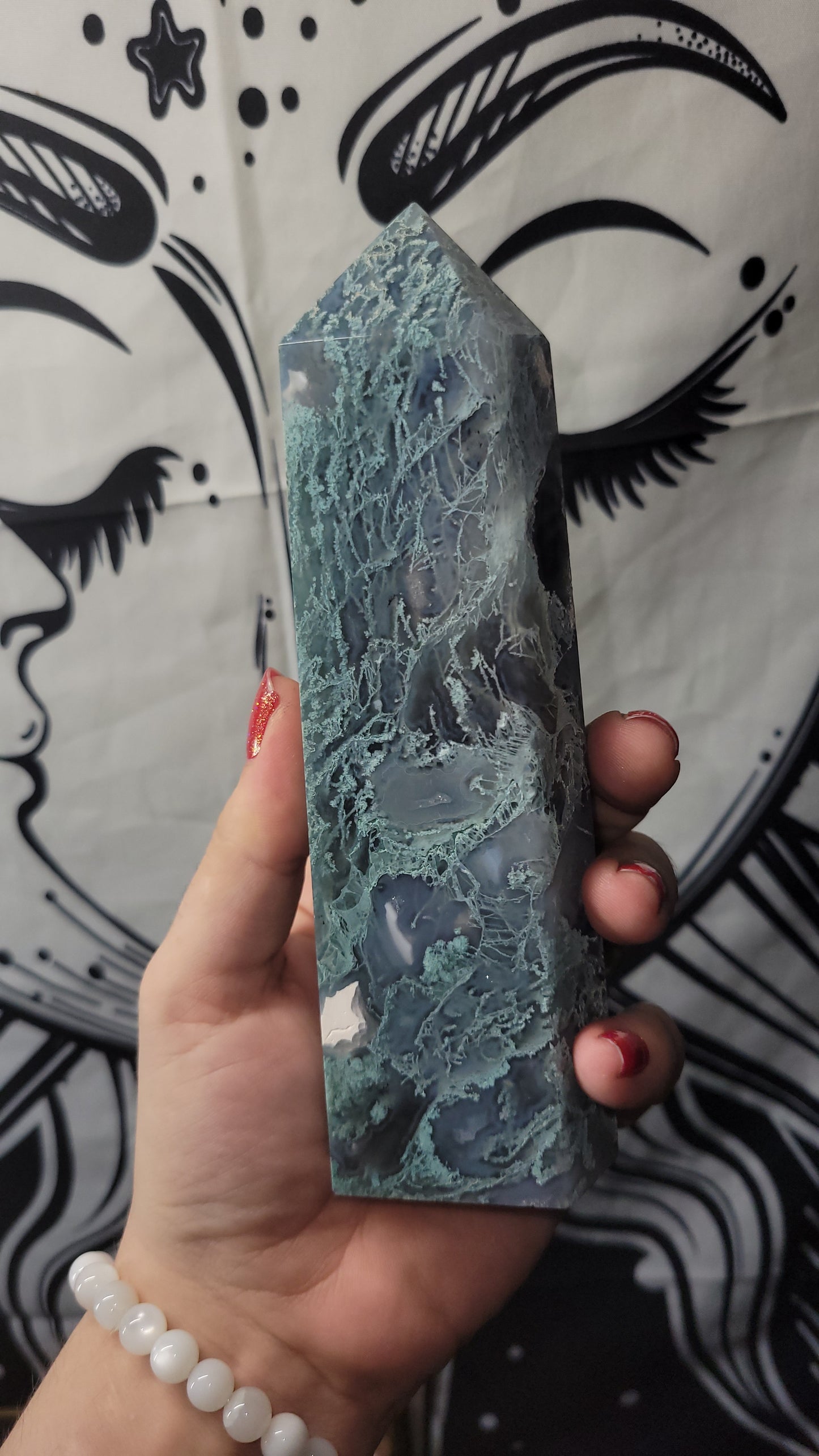 beautiful chalcedony moss agate crystal  tower