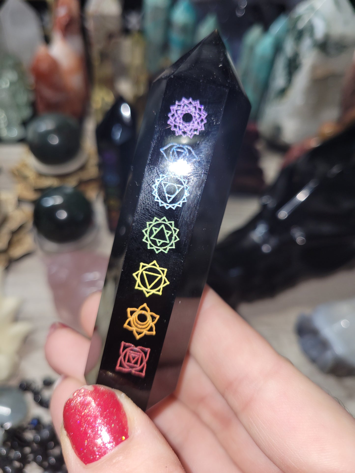 Chakra obsidian crystal tower / obelisks