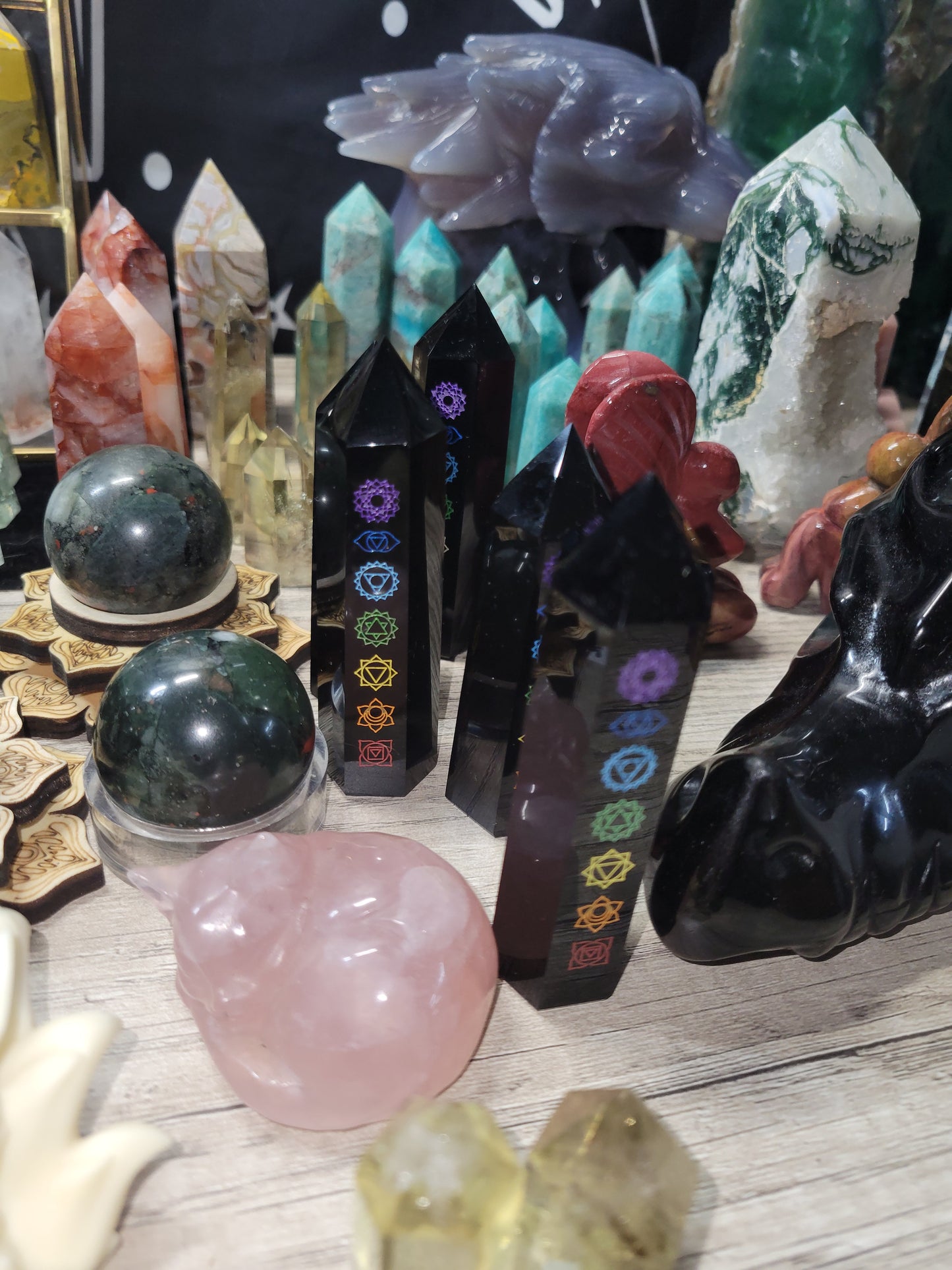 Chakra obsidian crystal tower / obelisks