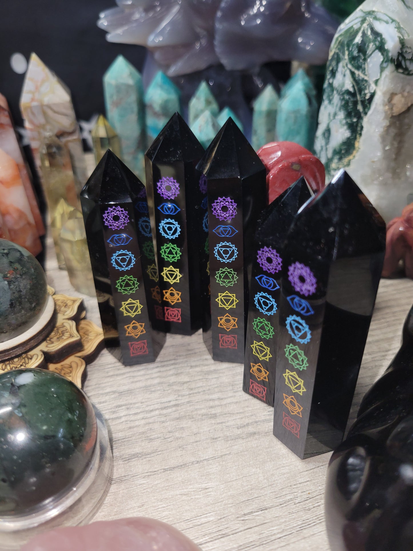 Chakra obsidian crystal tower / obelisks