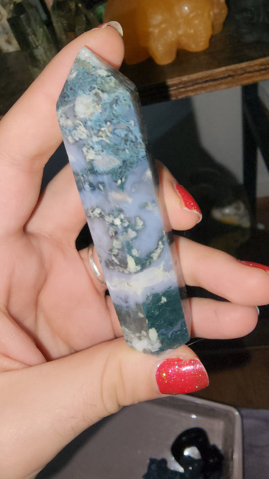 Blue chalcedony moss agate crystal tower