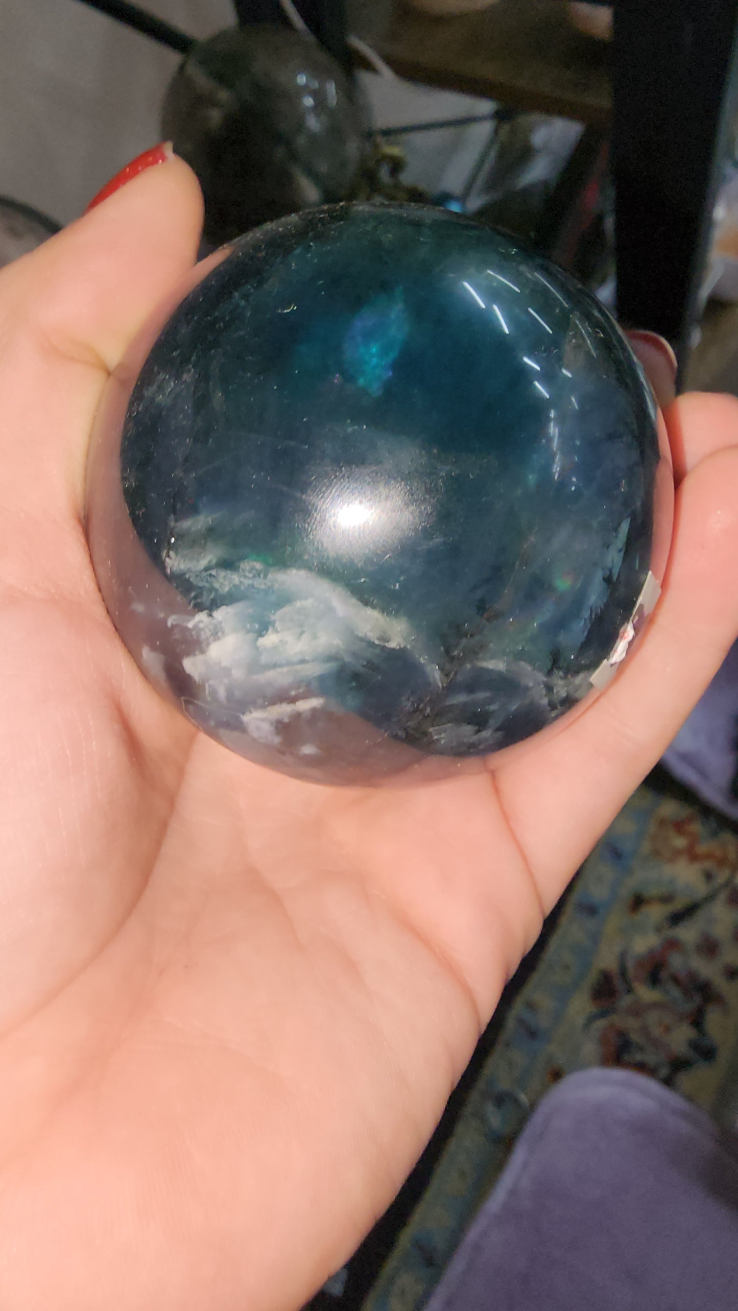 Blue fluorite crystal sphere many crazy rainbows