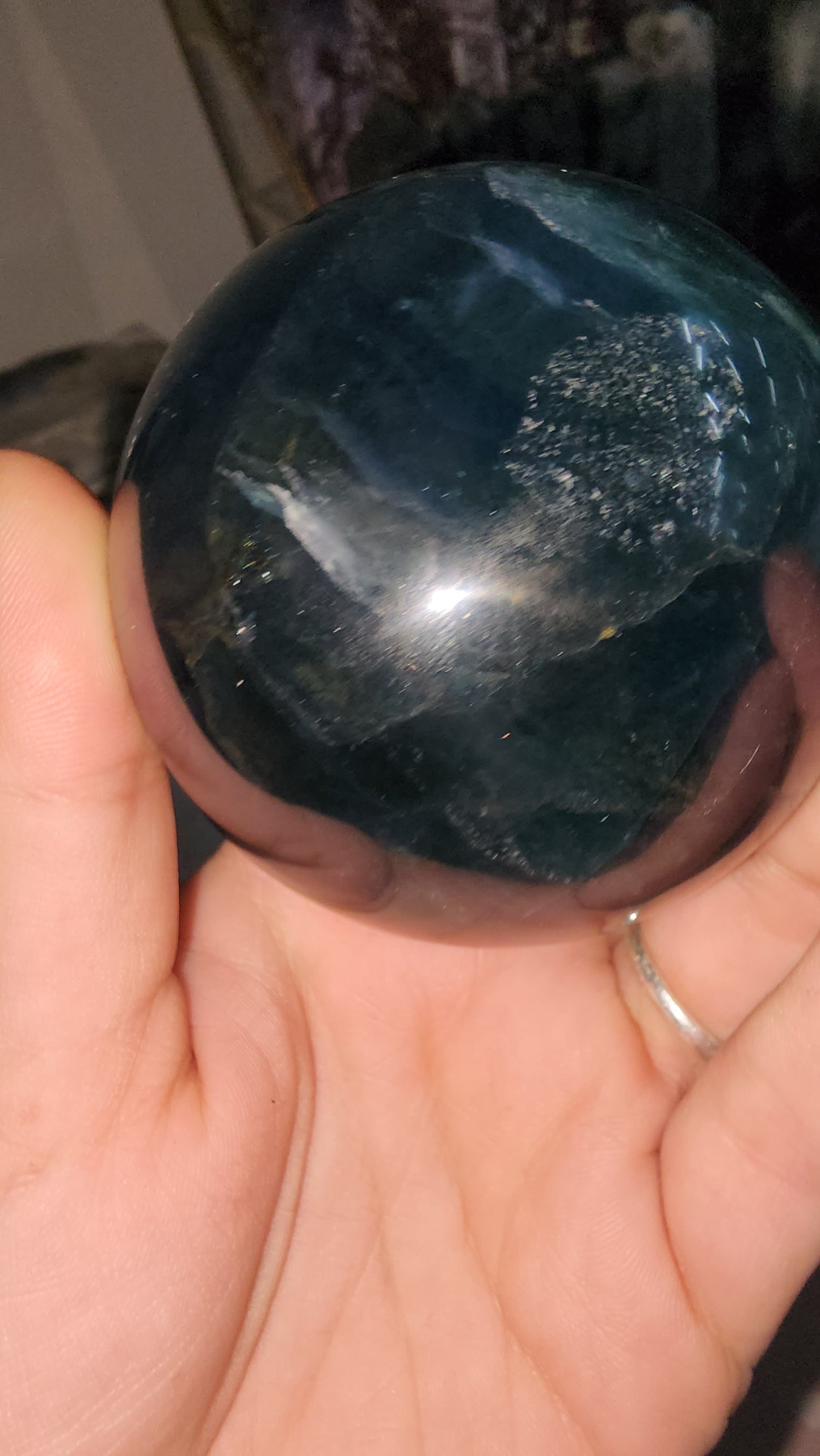 Blue fluorite crystal sphere many crazy rainbows