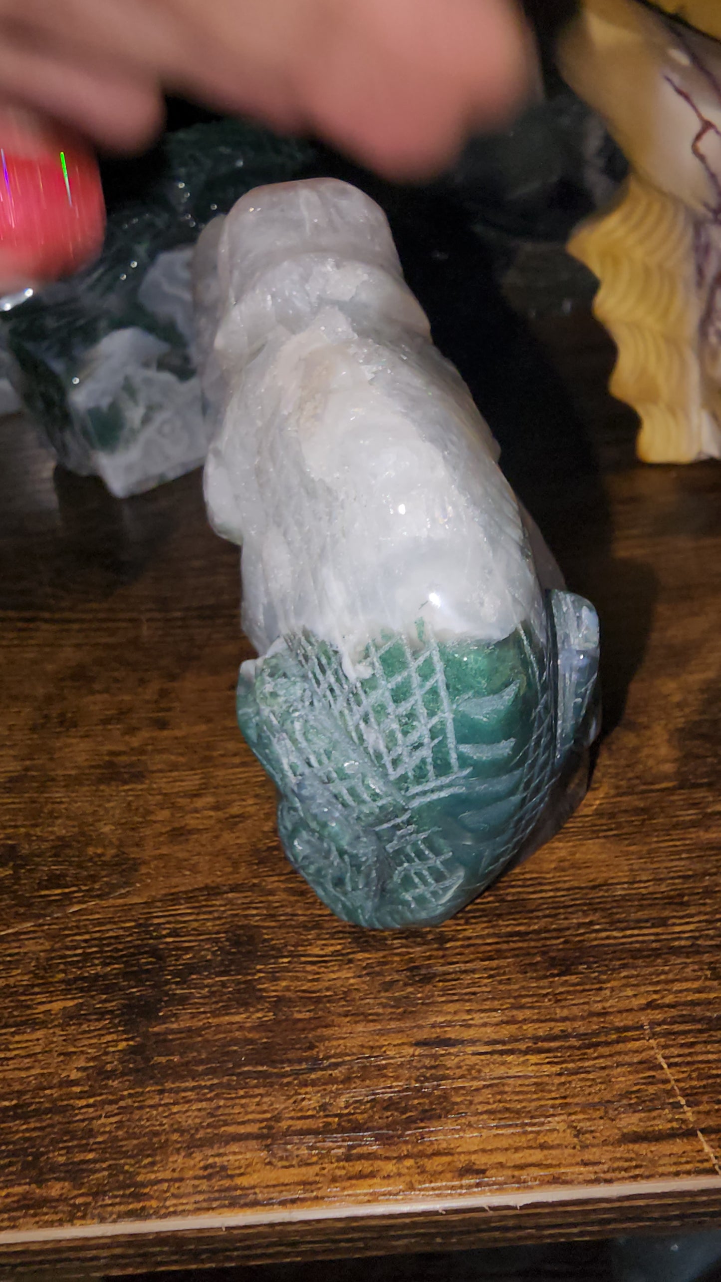 Moss agate lizard Charmeleon crystal carving large