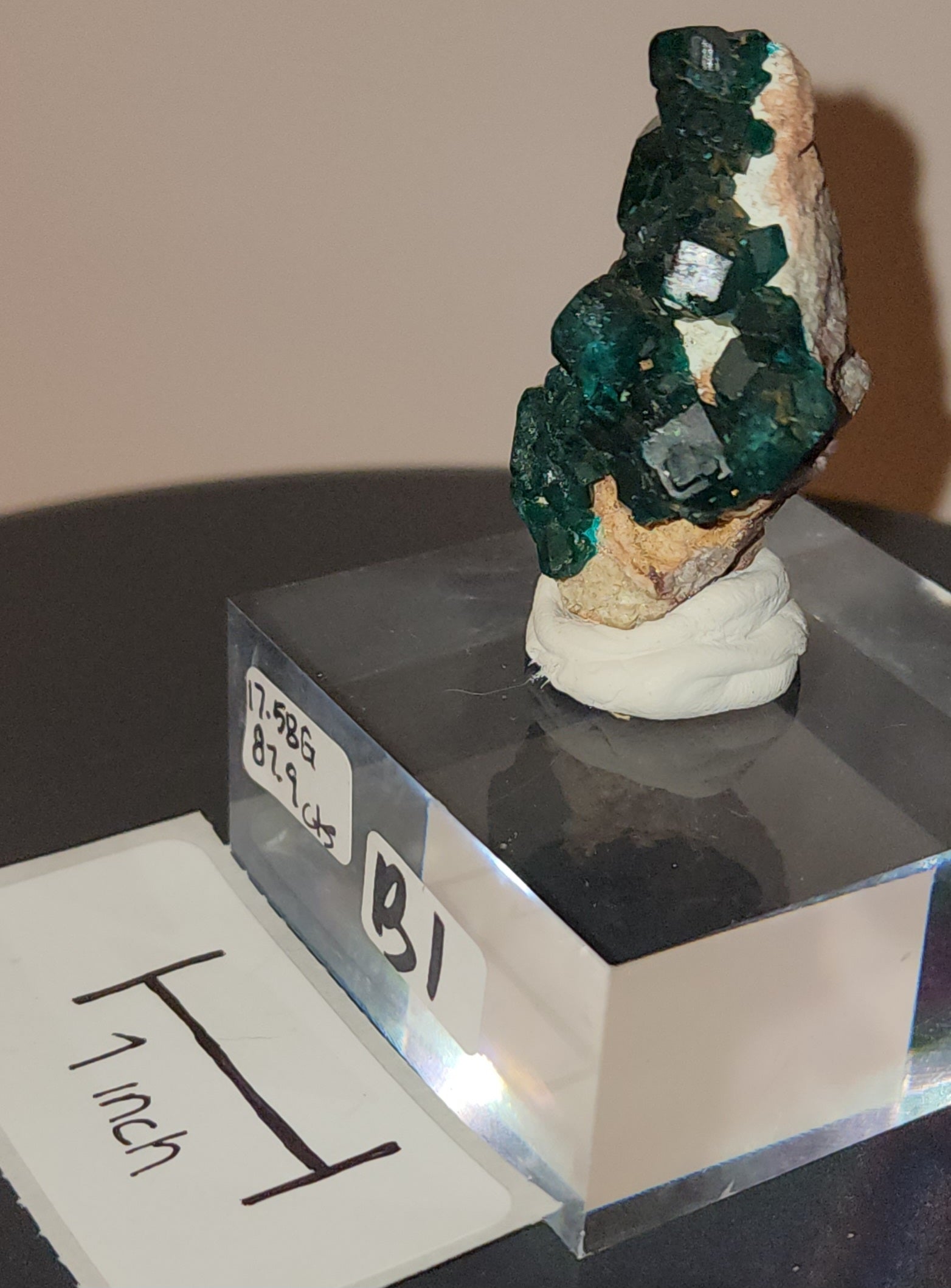 Dioptase raw specimens on acrylic stands