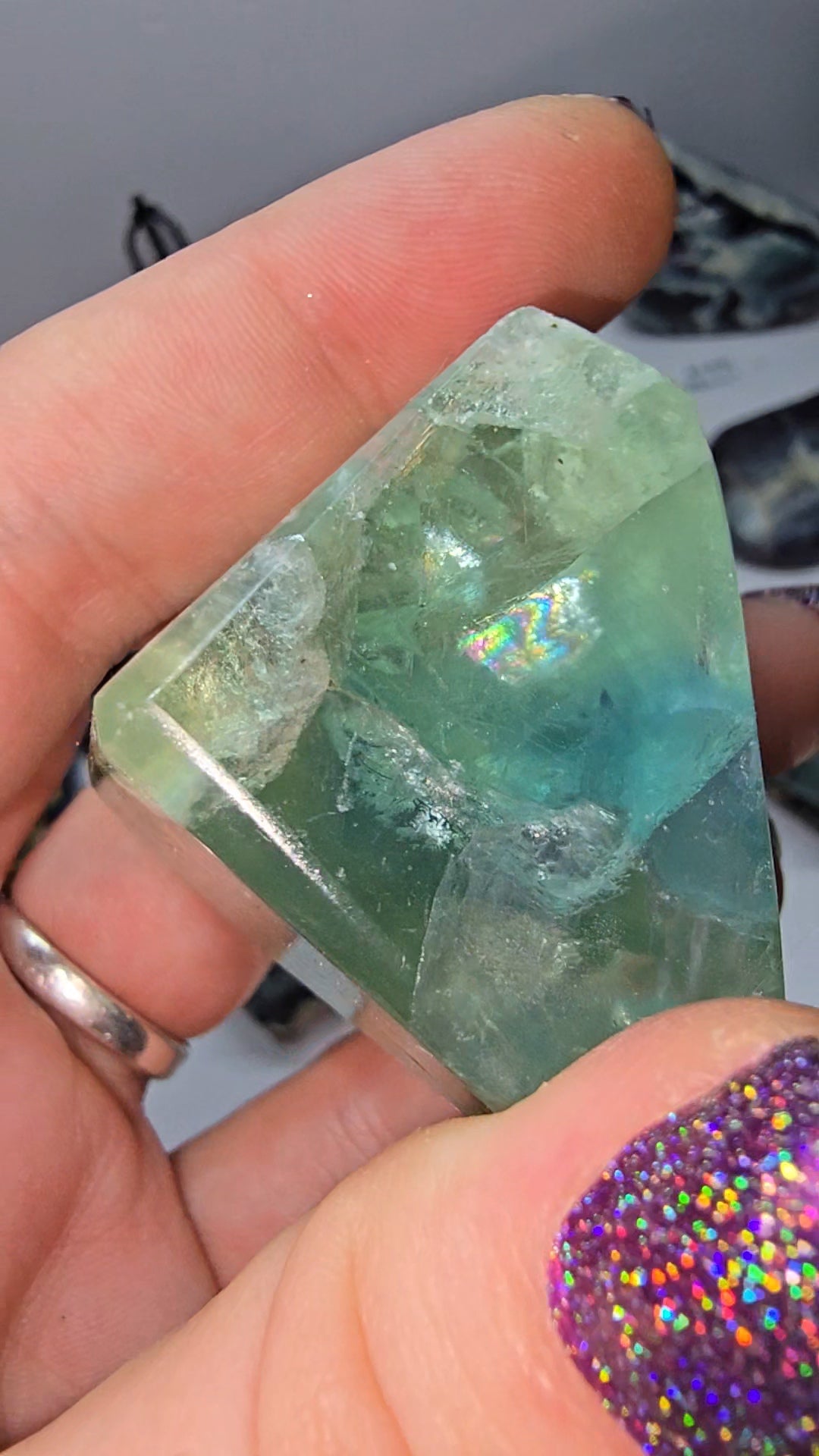 Polished fluorite freeforms multiple sides