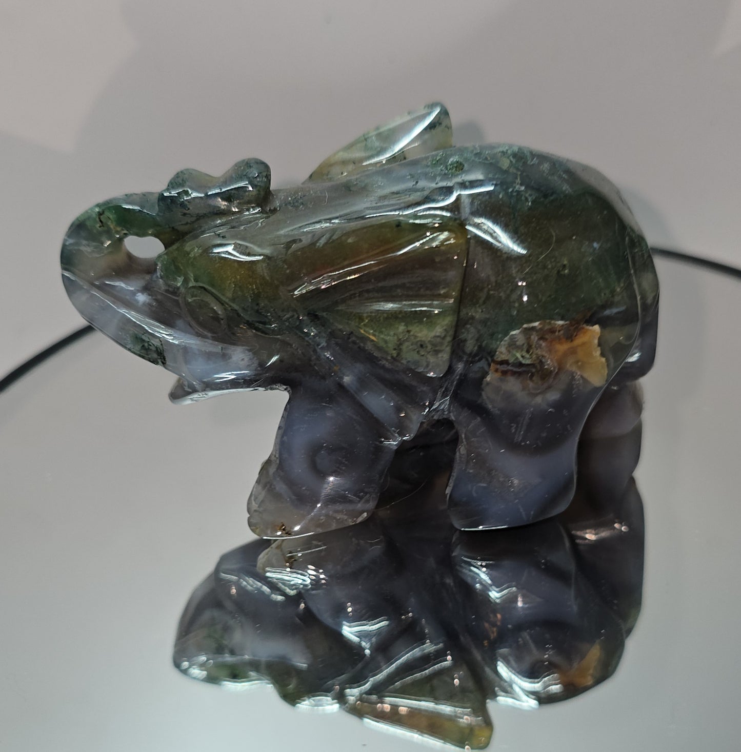 Moss agate elephant carving