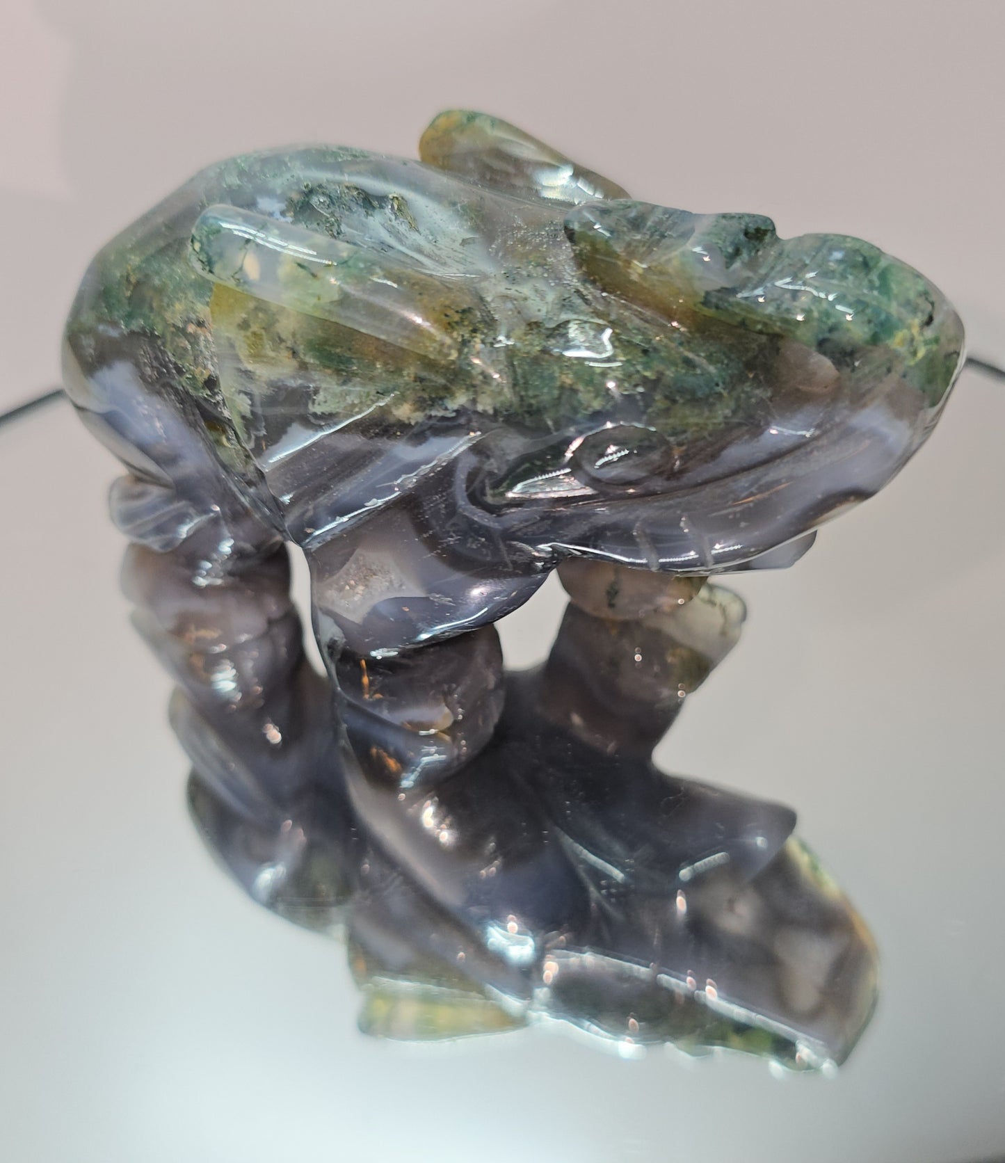 Moss agate elephant carving