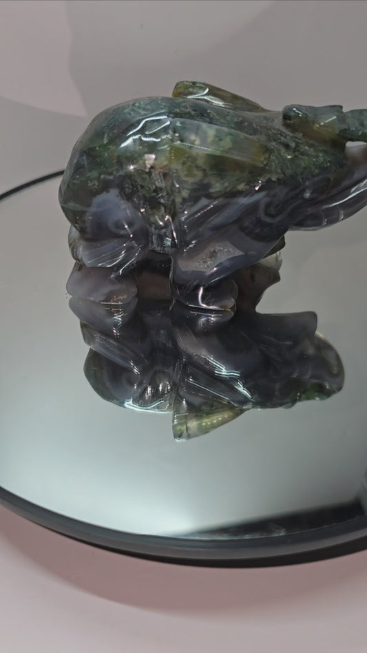 Moss agate elephant carving